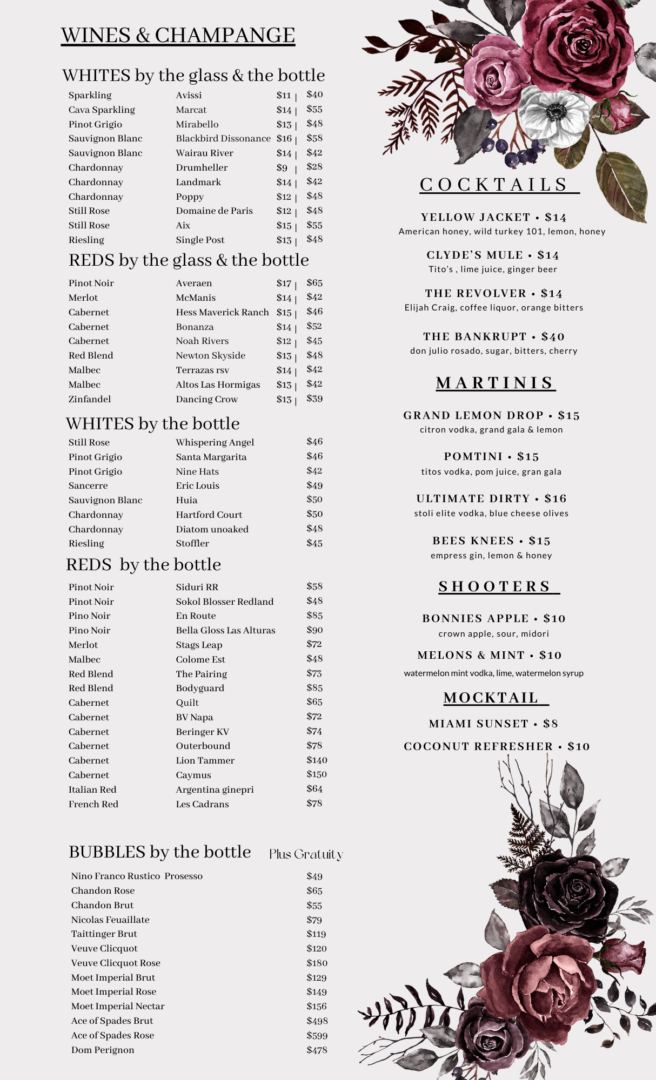 A wine and champagne menu with a floral design.