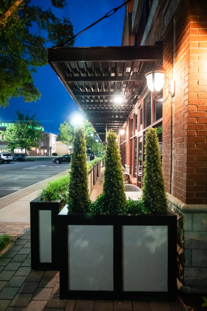 A sidewalk with luxury lounge planters and trees at night.